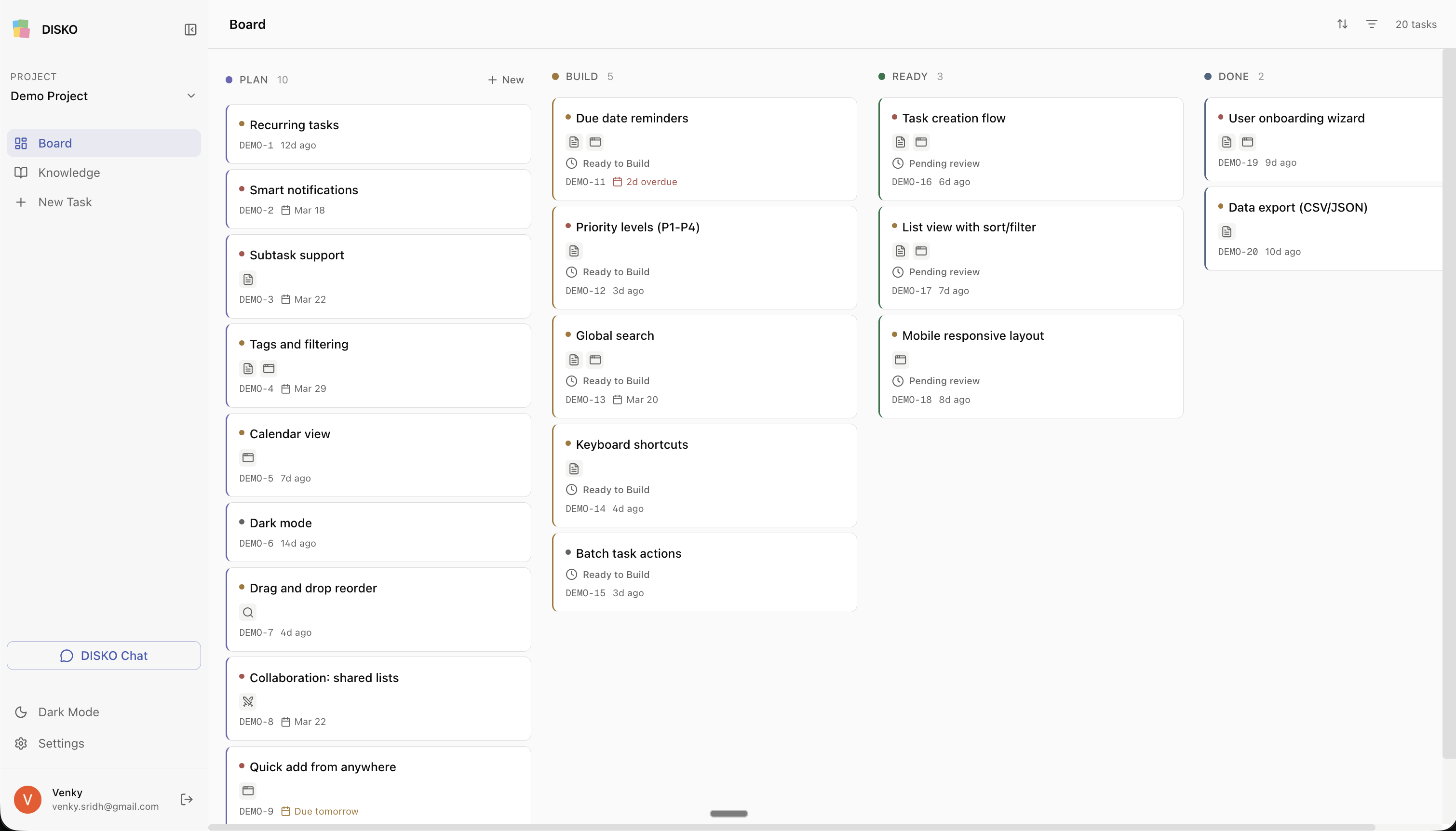 DISKO board — kanban with Plan, Build, Ready, and Done columns