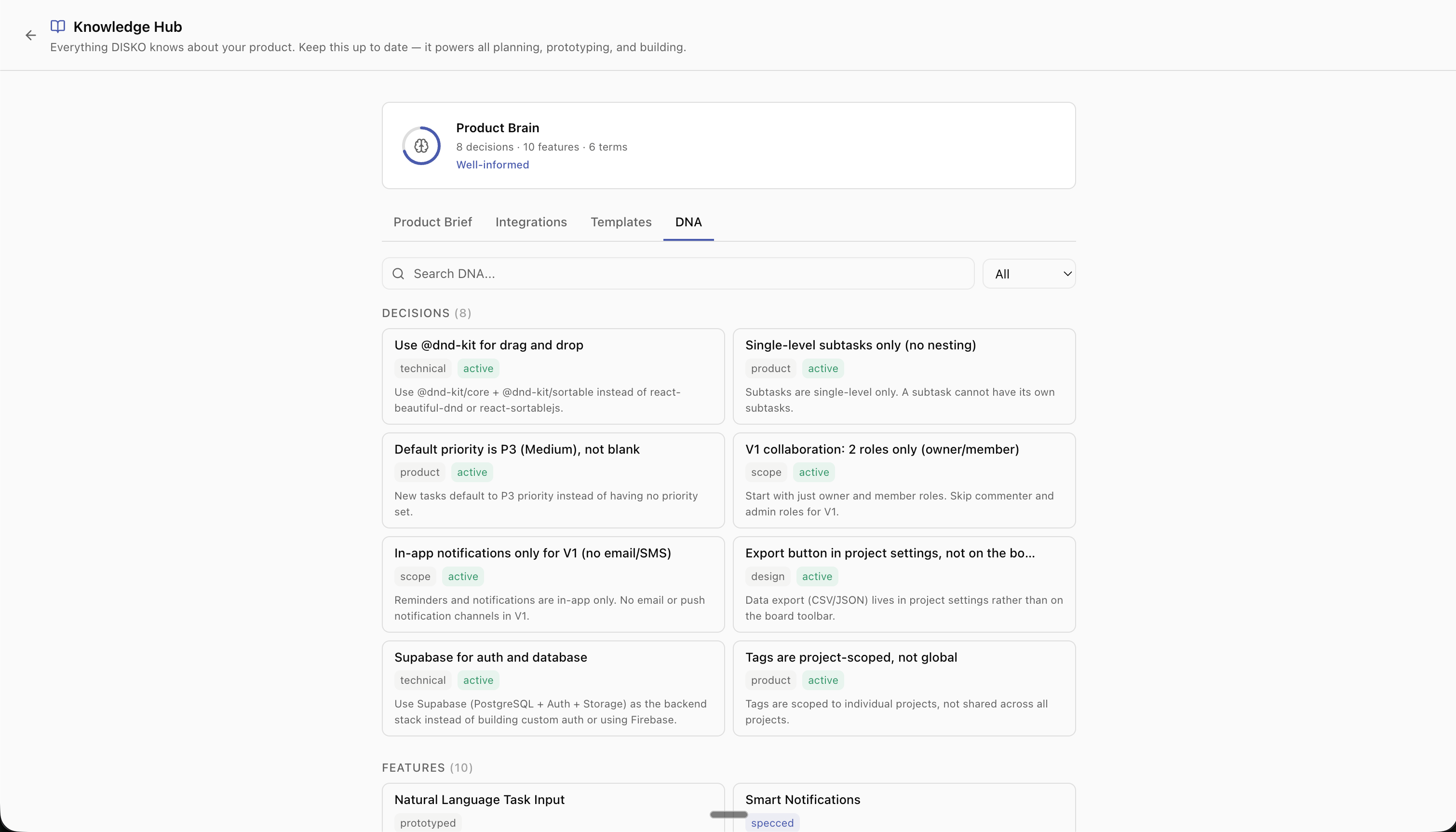 DISKO Knowledge Hub — decisions, features, and product context