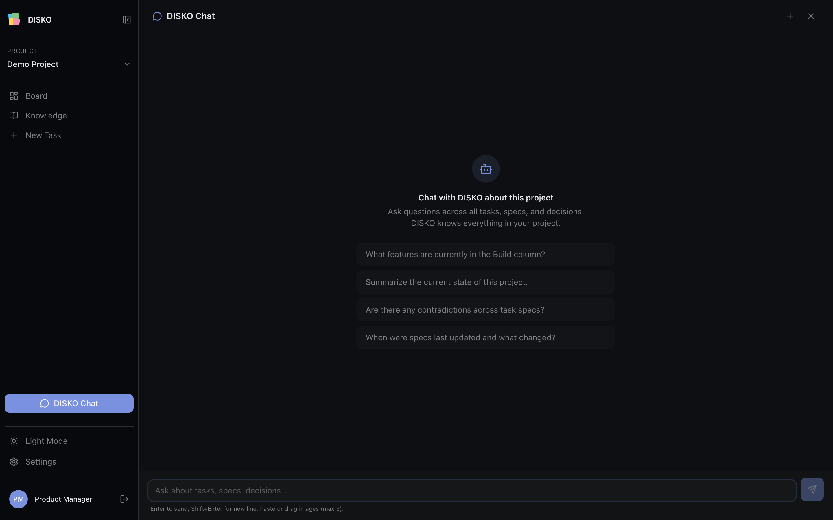 DISKO project chat showing a query with clickable task references