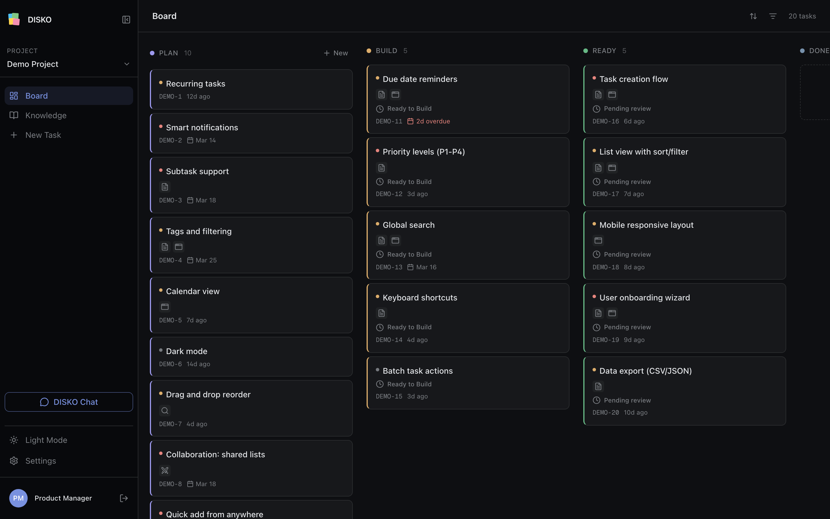 DISKO kanban board with Plan, Build, and Ready columns