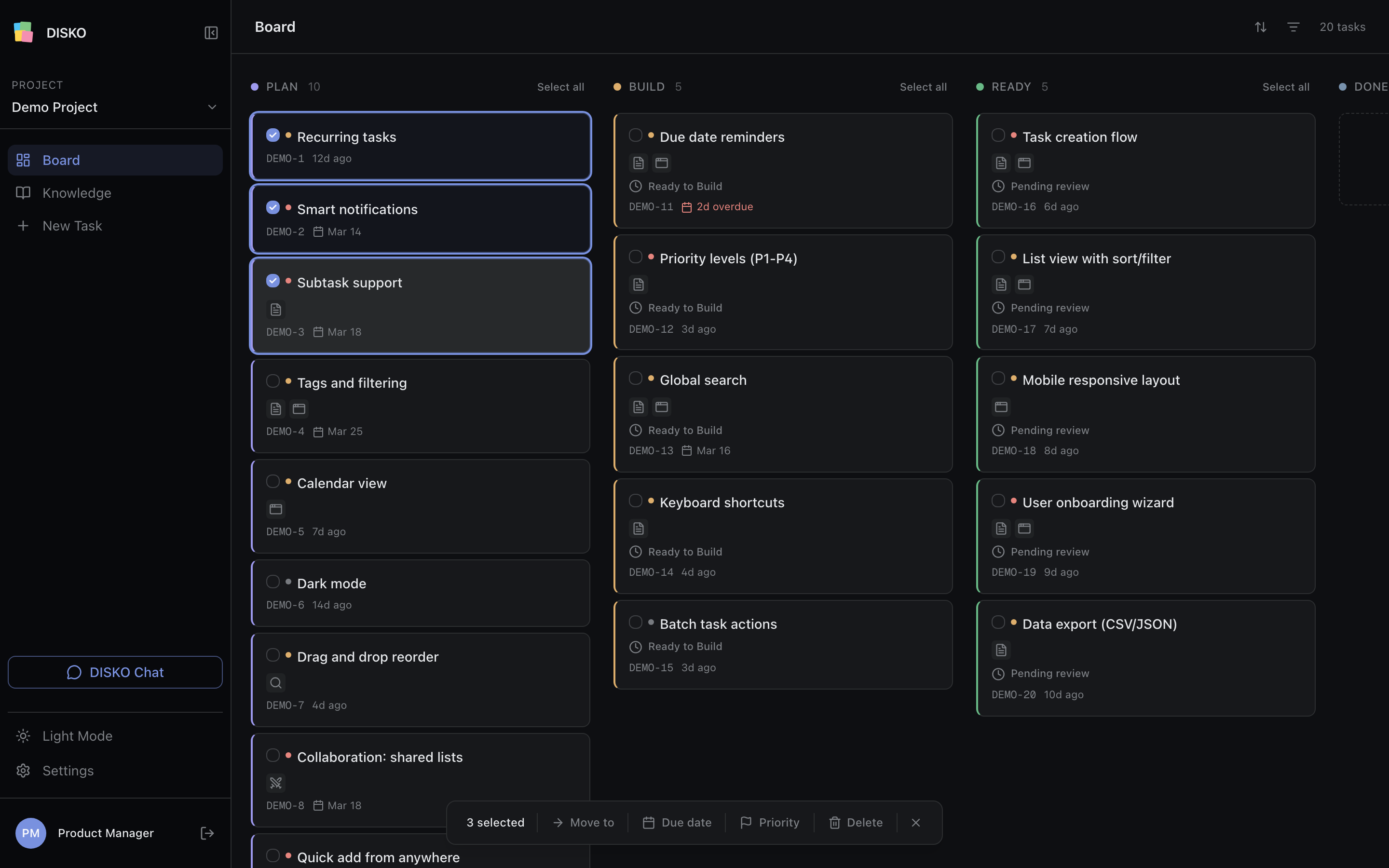 DISKO board with multiple tasks selected and bulk action bar visible