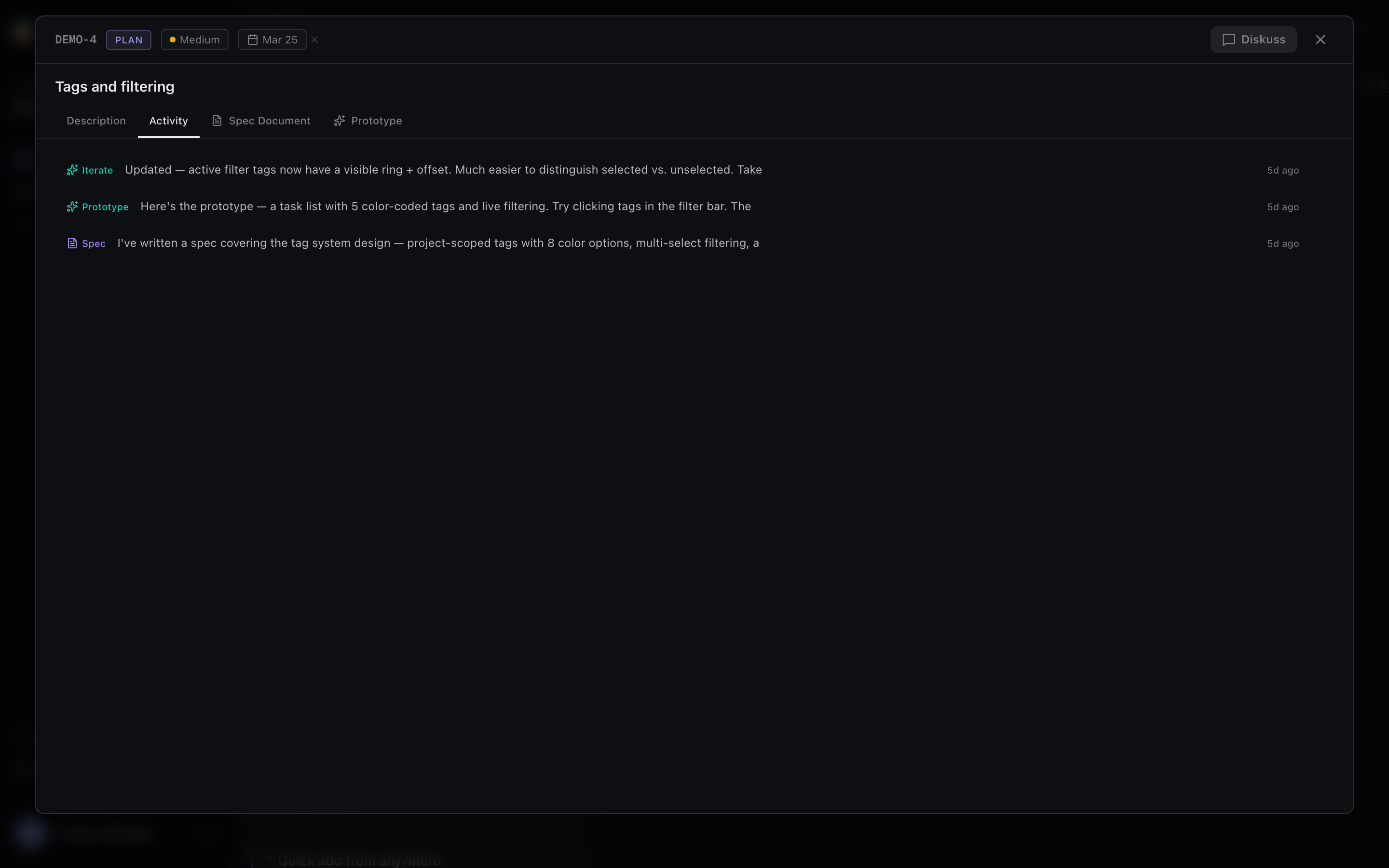 DISKO task detail view showing header, toolbar, description, and tabs