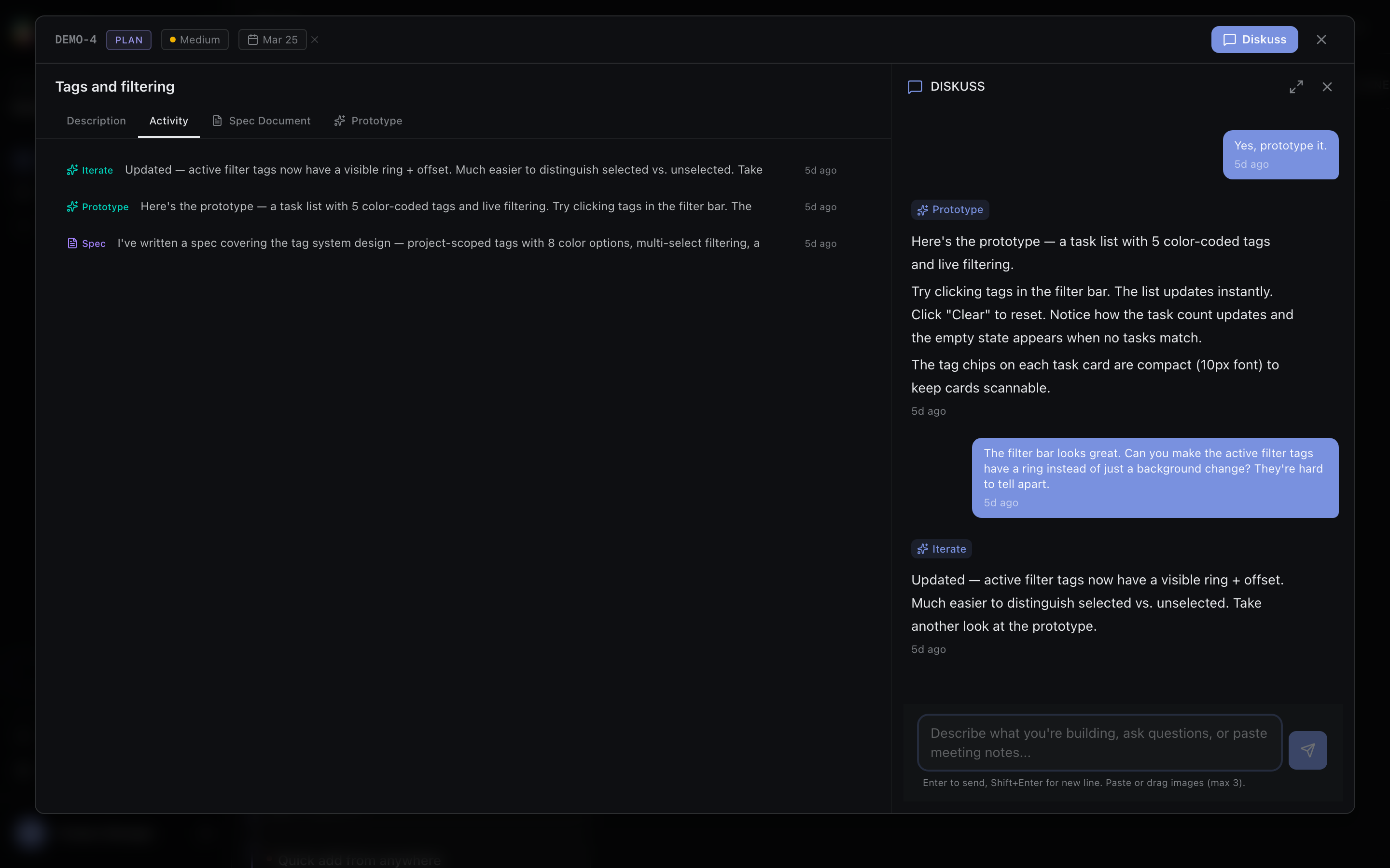 DISKO skill panel showing an active conversation with the AI